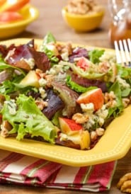 Square plate showing a generous portion of Apple Walnut Salad with Stilton Cheese