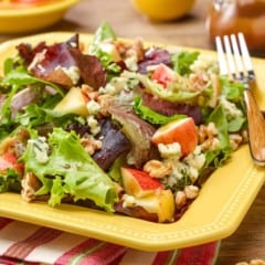 Square plate showing a generous portion of Apple Walnut Salad with Stilton Cheese