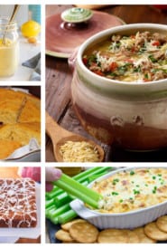 Collage of 5 different dishes in an apres ski dinner menu