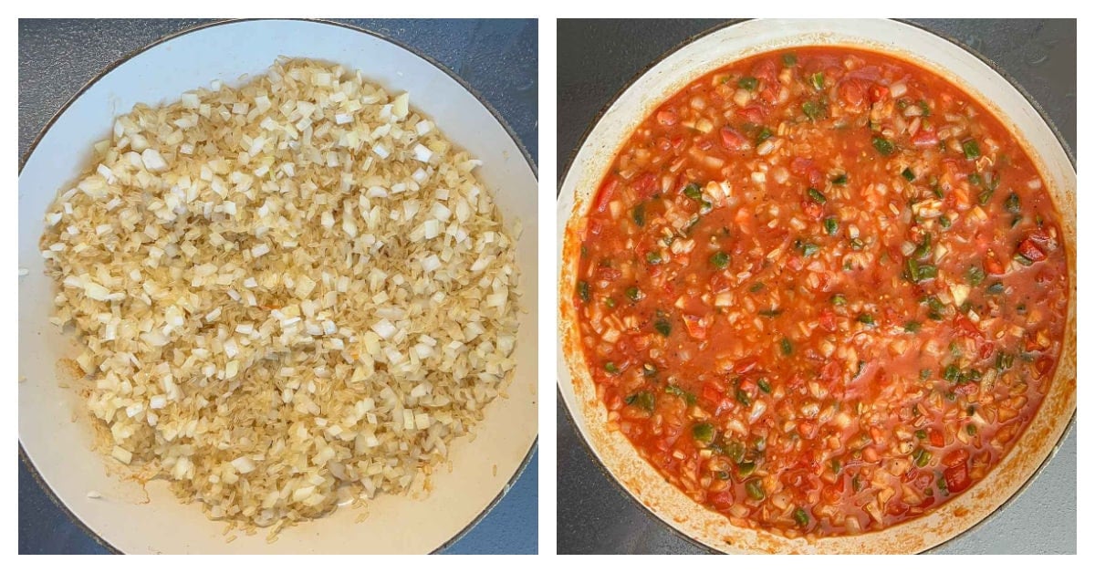 collage of two photos, one onions and rice cooking in oil, second with veggies added