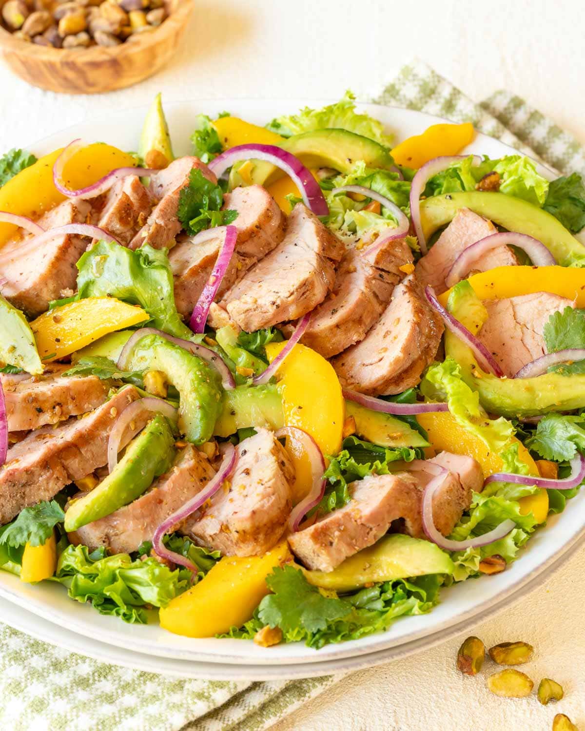 Close up of Avocado, Mango and Pork Salad in a white bowl