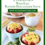 Light blue cups filled with Baked Eggs in Tomatoes with Easy Blender Hollandaise Sauce