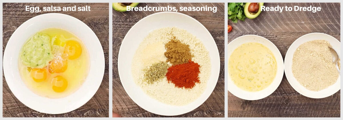 Three photo collage showing the ingredients in the egg mixture and breadcrumb mixture for the chicken coating