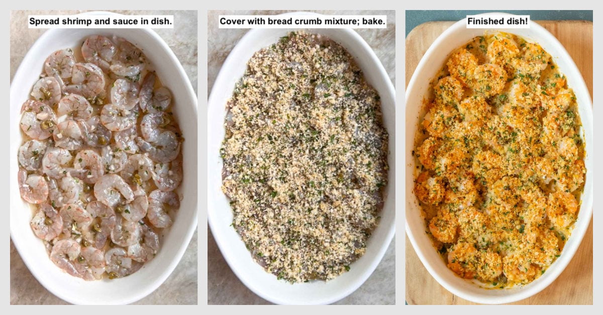 collage of 3 photos showing how to make Baked Shrimp