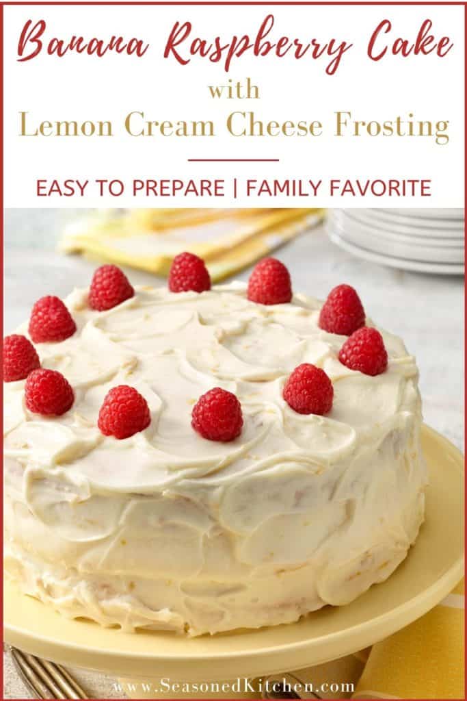 photo of Moist Banana Cake on a yellow cake stand, formatted for sharing on social media