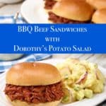 white plate with Dorothy's potato salad and BBQ Beef Sandwiches