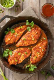 4 Baked BBQ Chicken Breasts with sauce in a cast iron skillet, with more sauce on the side