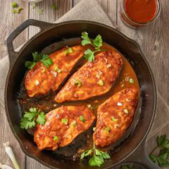 4 Baked BBQ Chicken Breasts with sauce in a cast iron skillet, with more sauce on the side