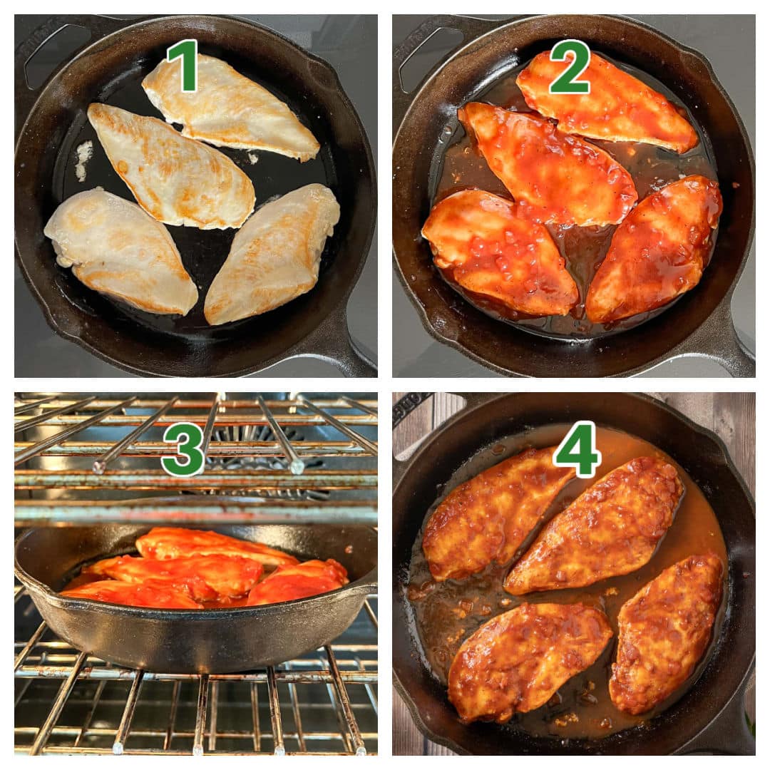 Collage of 4 process shots - searing chicken, adding sauce, baking, and finished