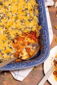Blue dish filled with Beef, Spinach and Noodle Casserole