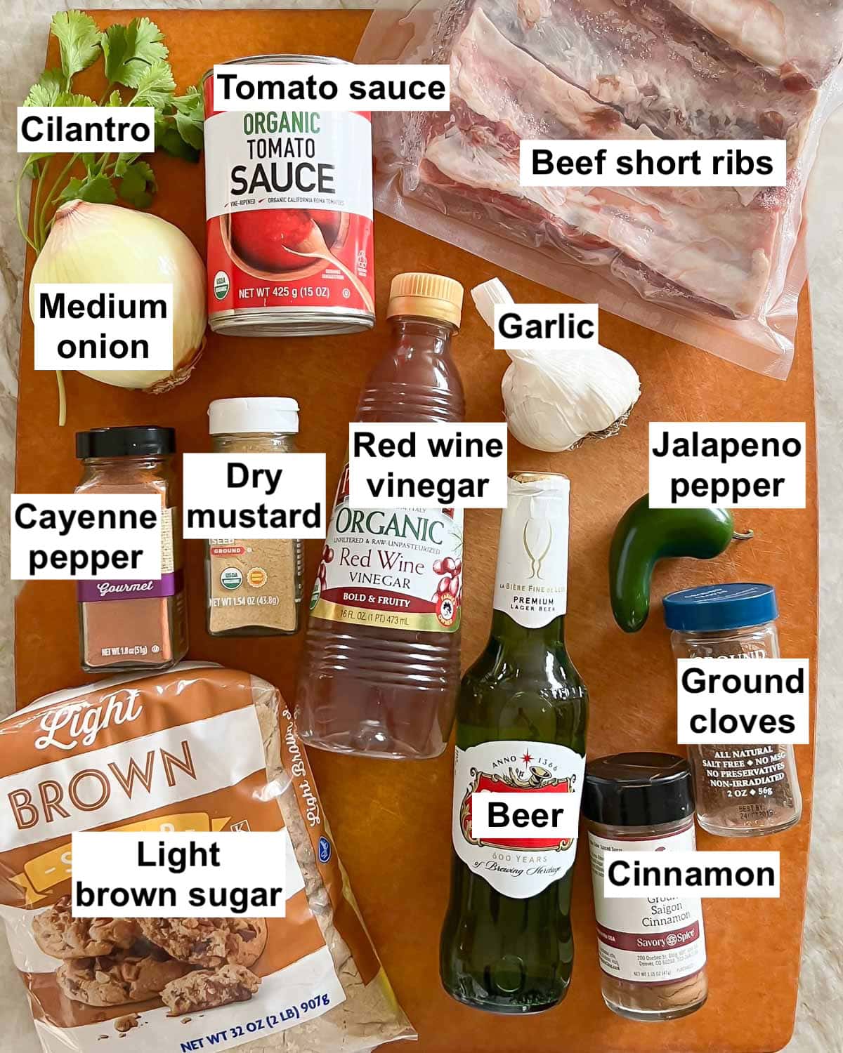 all Braised Beef Short Ribs ingredients laid out with labels