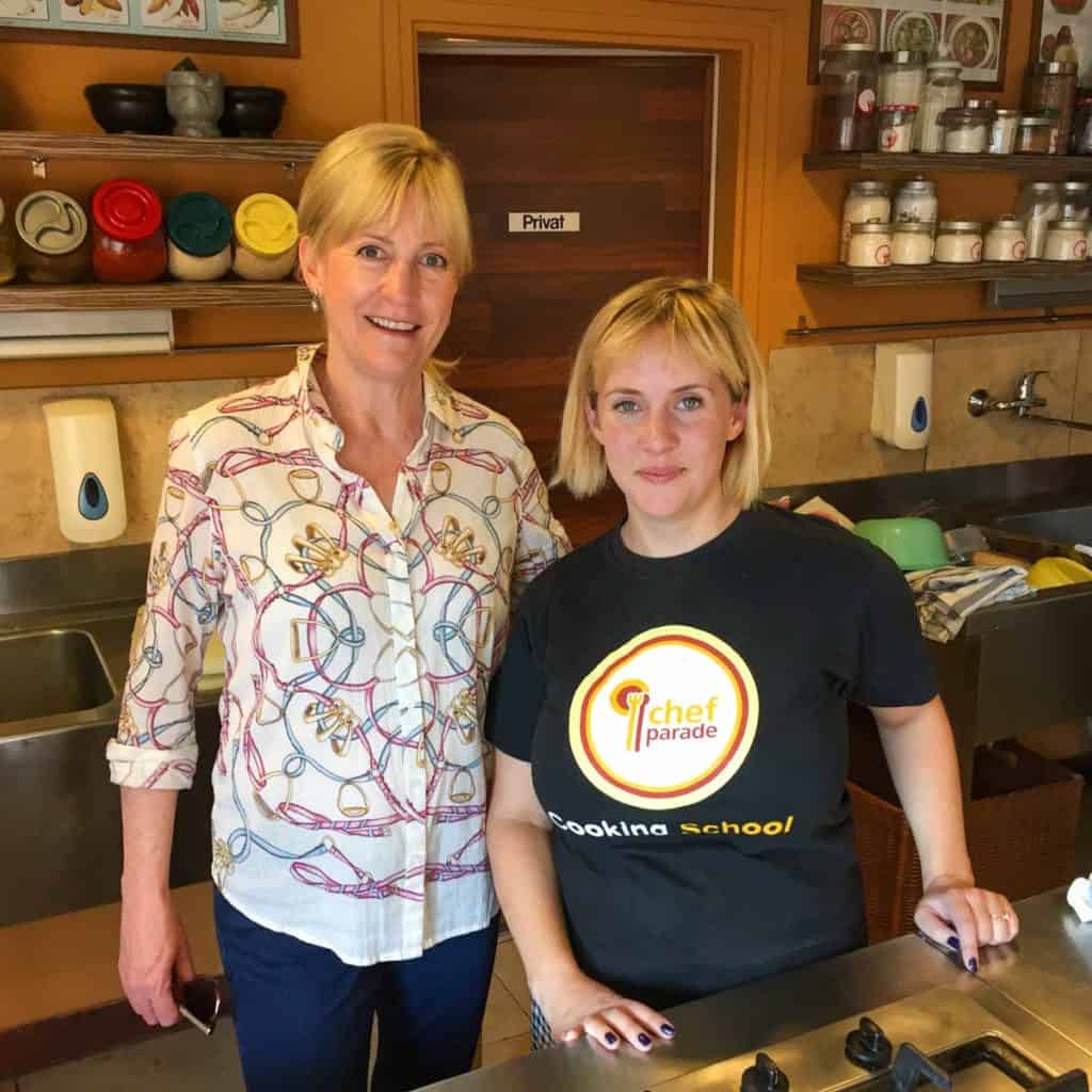 Lee and teacher in Budapest cooking class