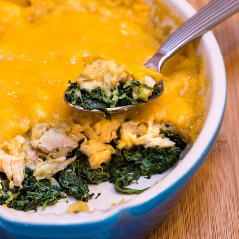casserole dish filled with Busy Night Chicken with Spinach