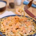 Blue plate filled with Quick and Easy Cajun Shrimp Linguine