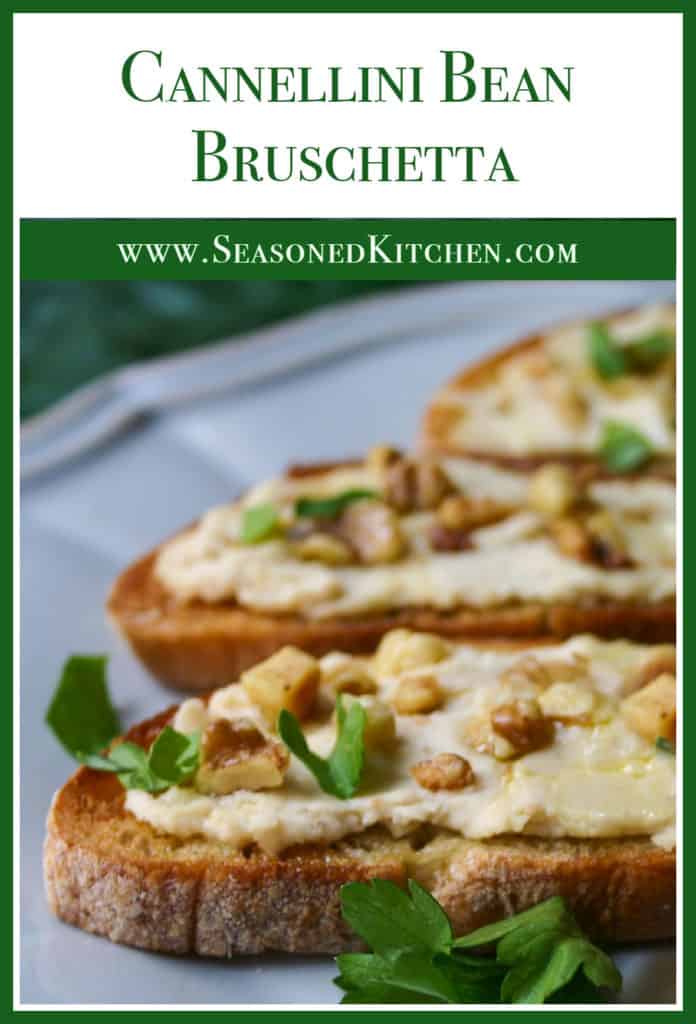 portions of 3 bruschetta with white bean topping