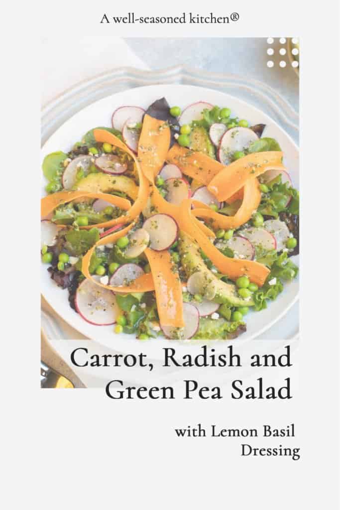 close up of a single serving of Carrot, Radish and Pea Salad