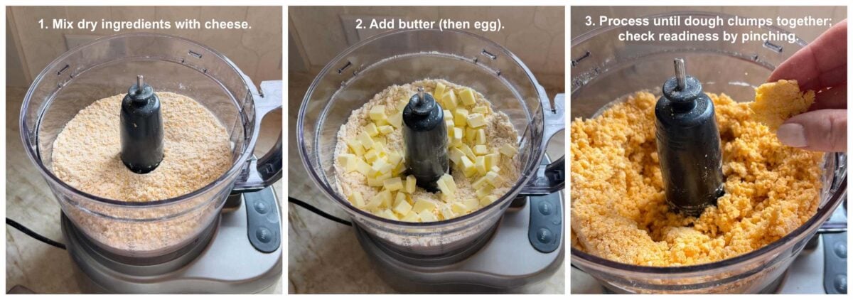 collage of 3 photos showing how to make the dough for these cheese straws