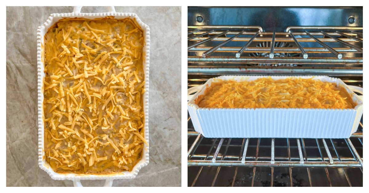 two photos, first showing cheese layer, second showing uncovered casserole in oven