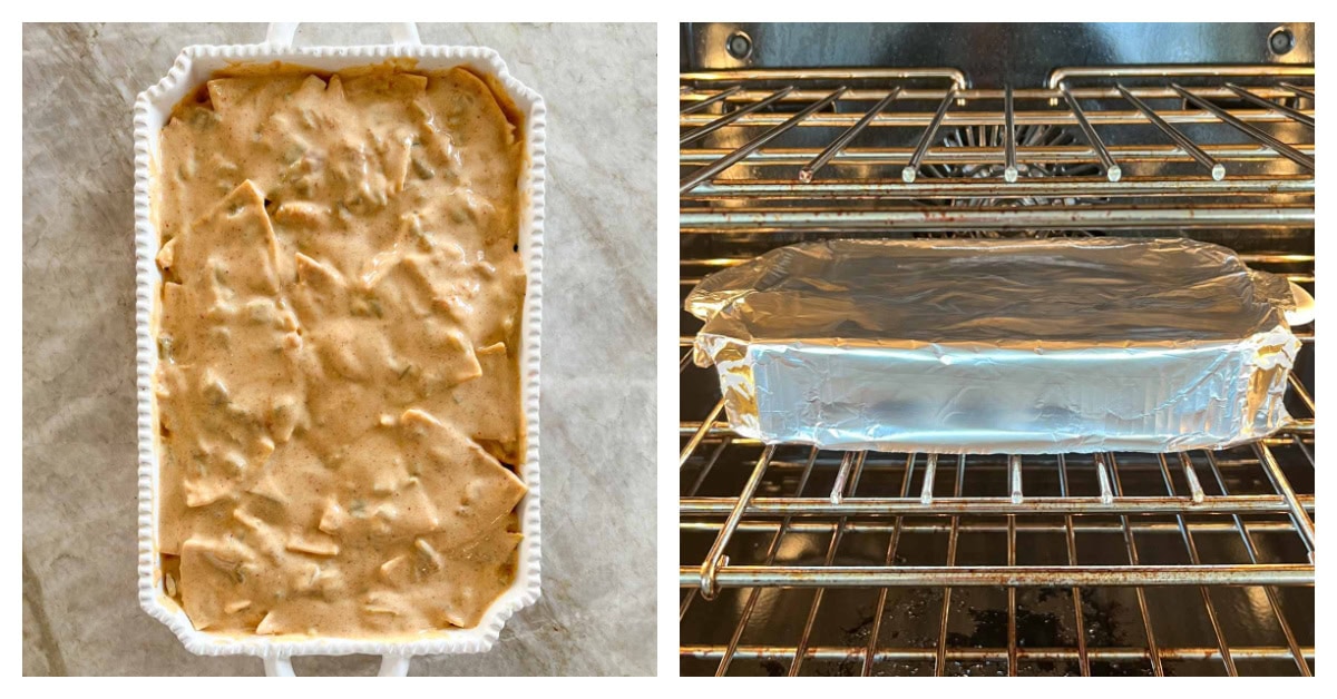 Two photos, first showing chile sauce layer, second covered casserole in oven