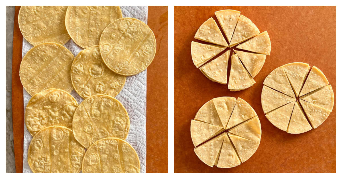 One photo with tortillas draining on paper towel, second with tortillas cut into wedges