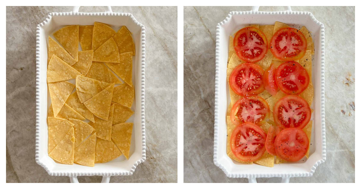 two photos, one showing first tortilla layer, second the sliced tomato layer