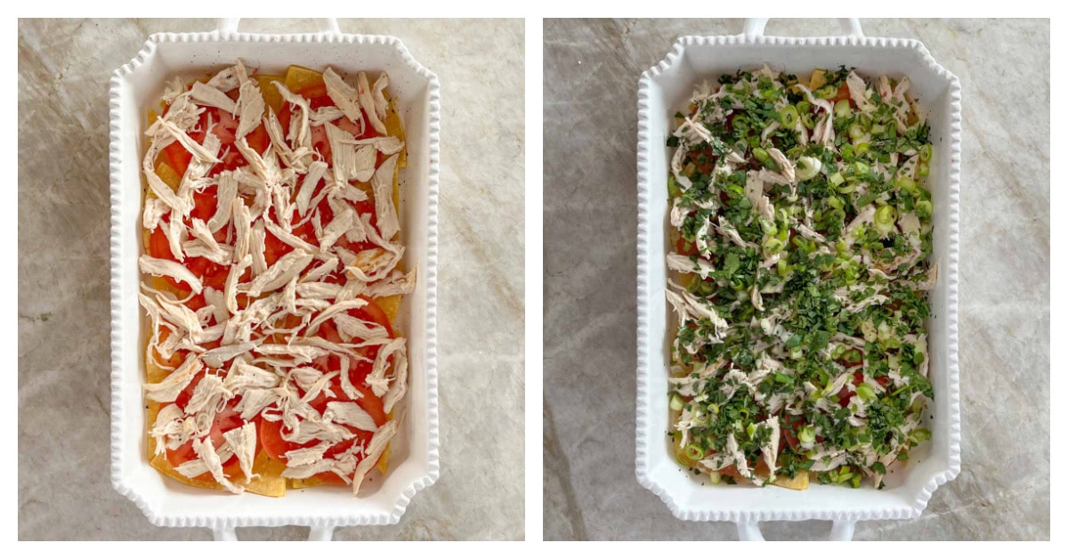 Two photos, first the chicken layer, second the green onion and cilantro layer