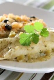 white plate with Chicken Enchiladas Suizas