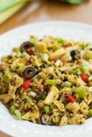 round white shallow bowl filled with Chicken, Artichoke Hearts, Quinoa and Brown Rice Salad