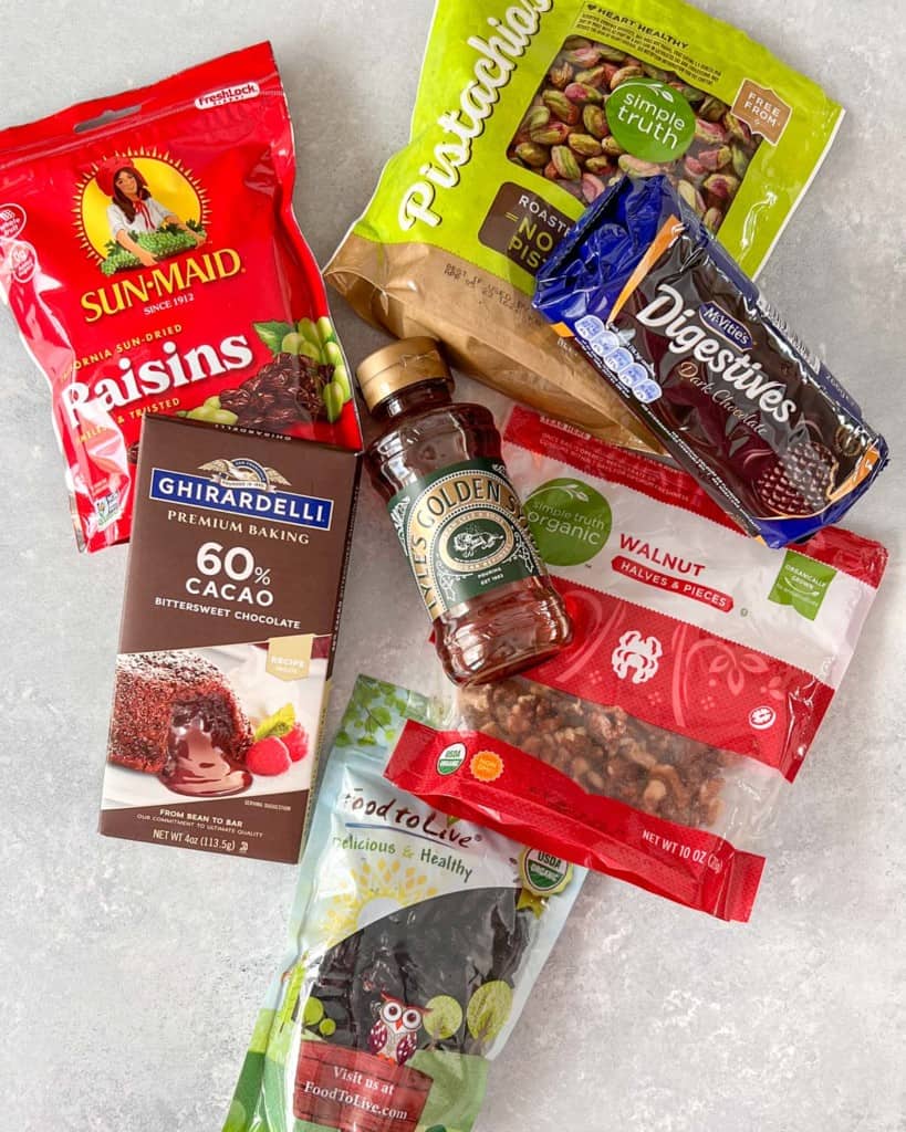 overhead view of packaged ingredients for biscuit cake