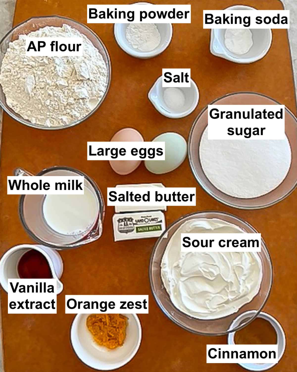 Overhead view of all the ingredients in Homemade Cinnamon Swirl Bread, labeled