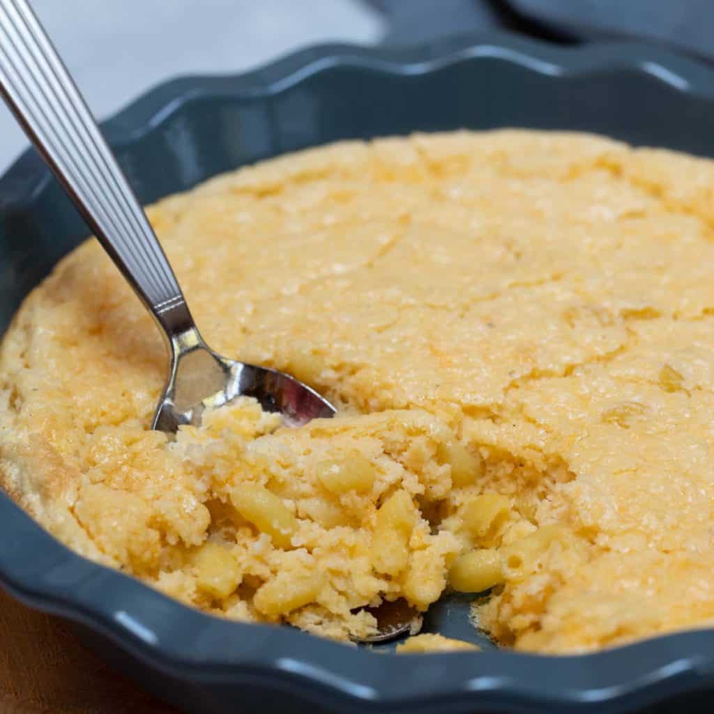 Blue pie dish filled with Convent Pie