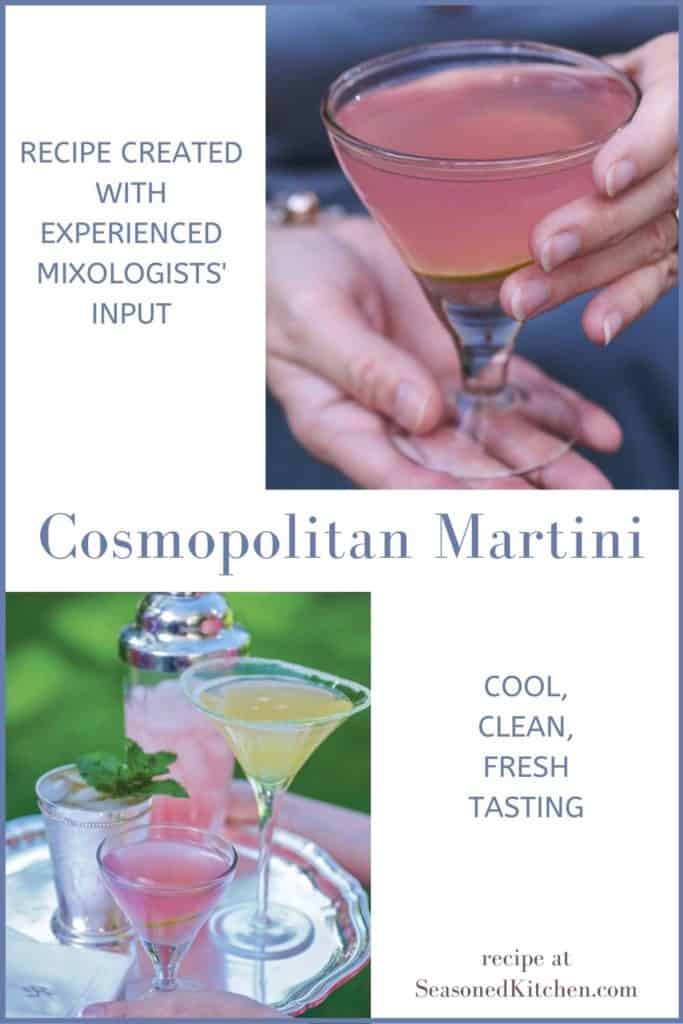 Two images of a Cosmopolitan Martini, with text, to be pinned on Pinterest
