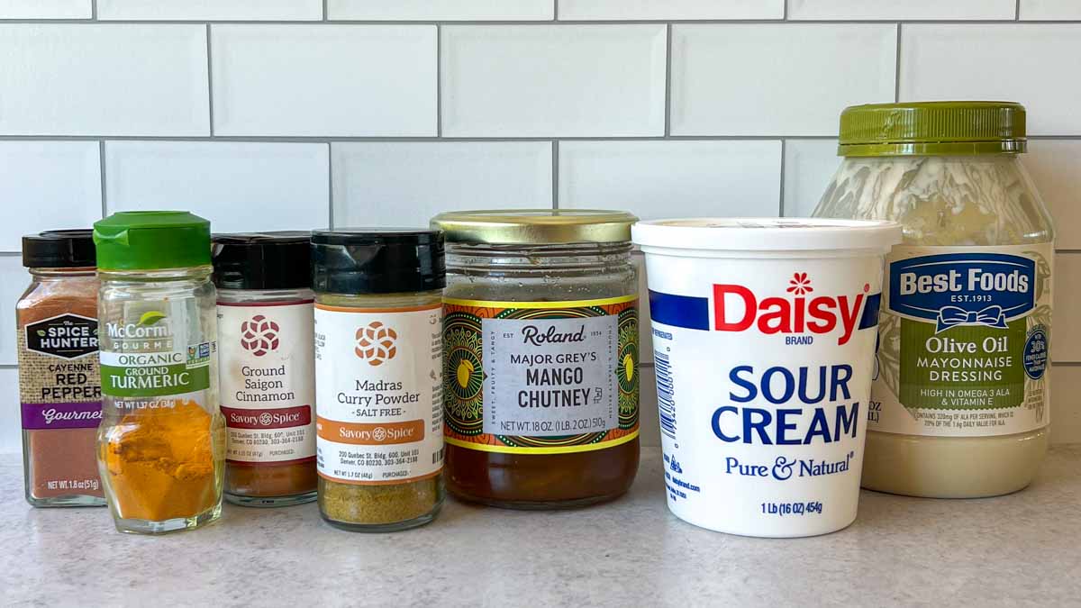 7 ingredients for Curry Dressing in Curry Chicken Pasta Salad
