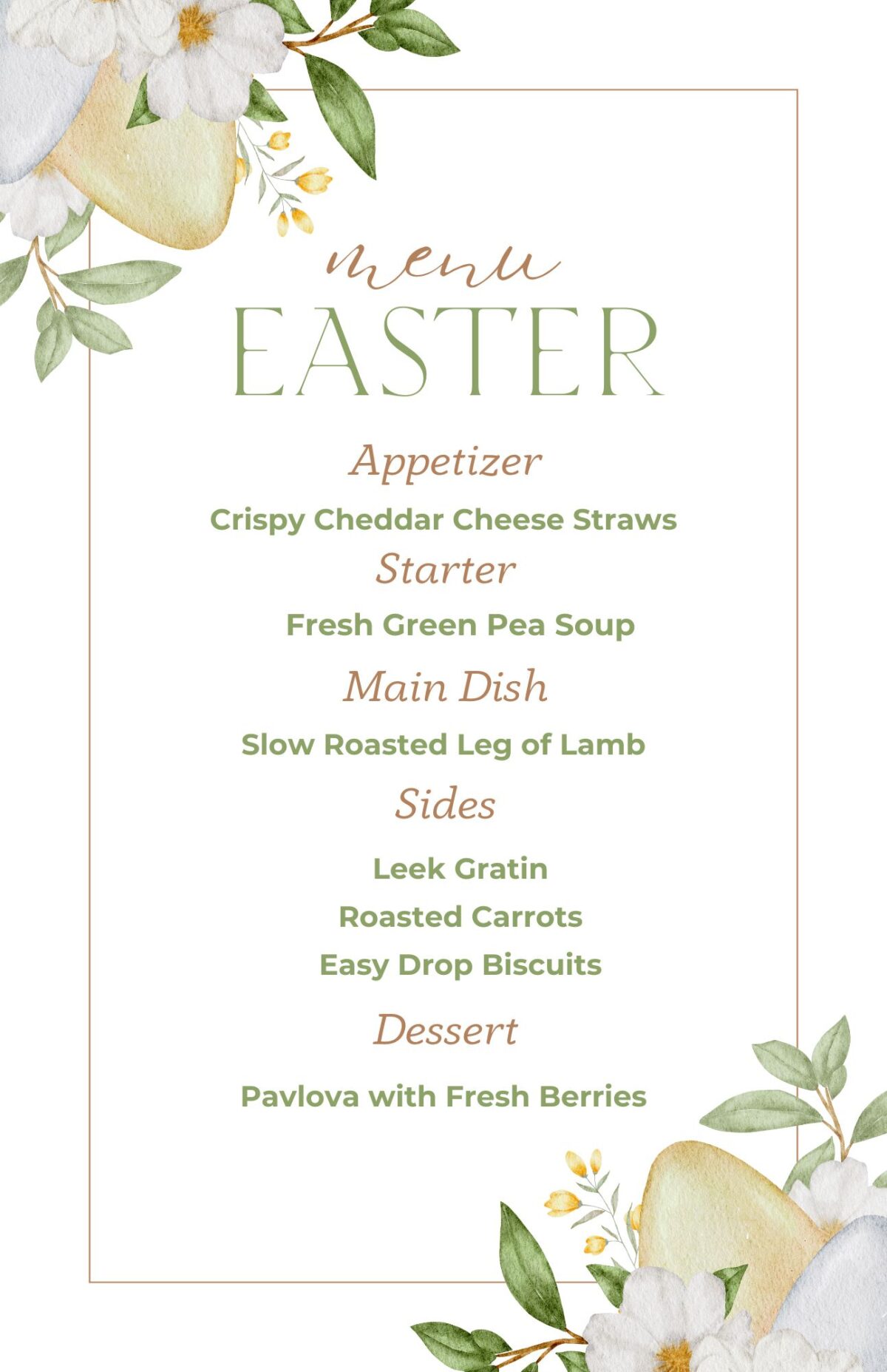 Dinner party menu card listing this Easter Dinner Menu, with floral graphics in 2 corners