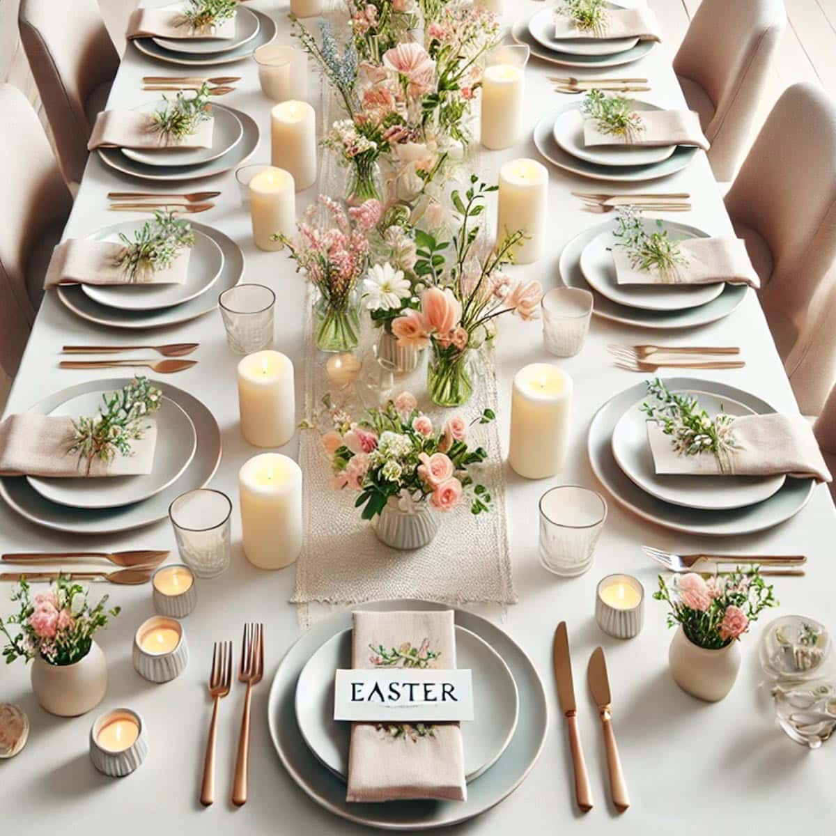 table set for Easter dinner with fresh spring flowers down the middle, with vocies and small pillar candles