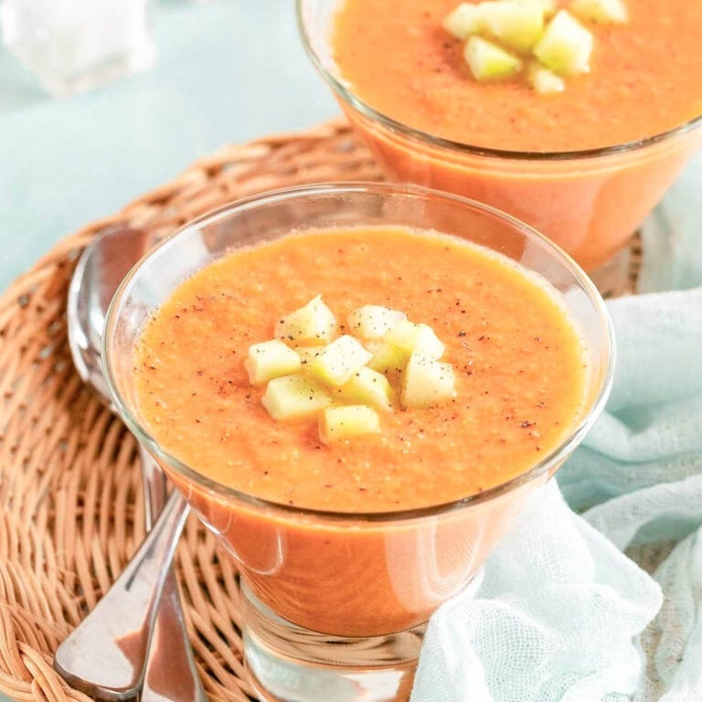 close up of two glasses showing individual portions of Easy Gazpacho Recipe