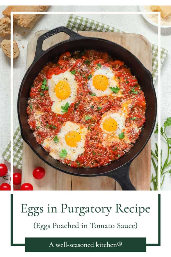 overhead shot of Eggs in Purgatory formatted for sharing