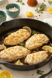 Cast iron skillet holding 4 Feta Chicken Breasts, with various ingredients surrouding the pan