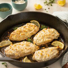 Cast iron skillet holding 4 Feta Chicken Breasts, with various ingredients surrouding the pan