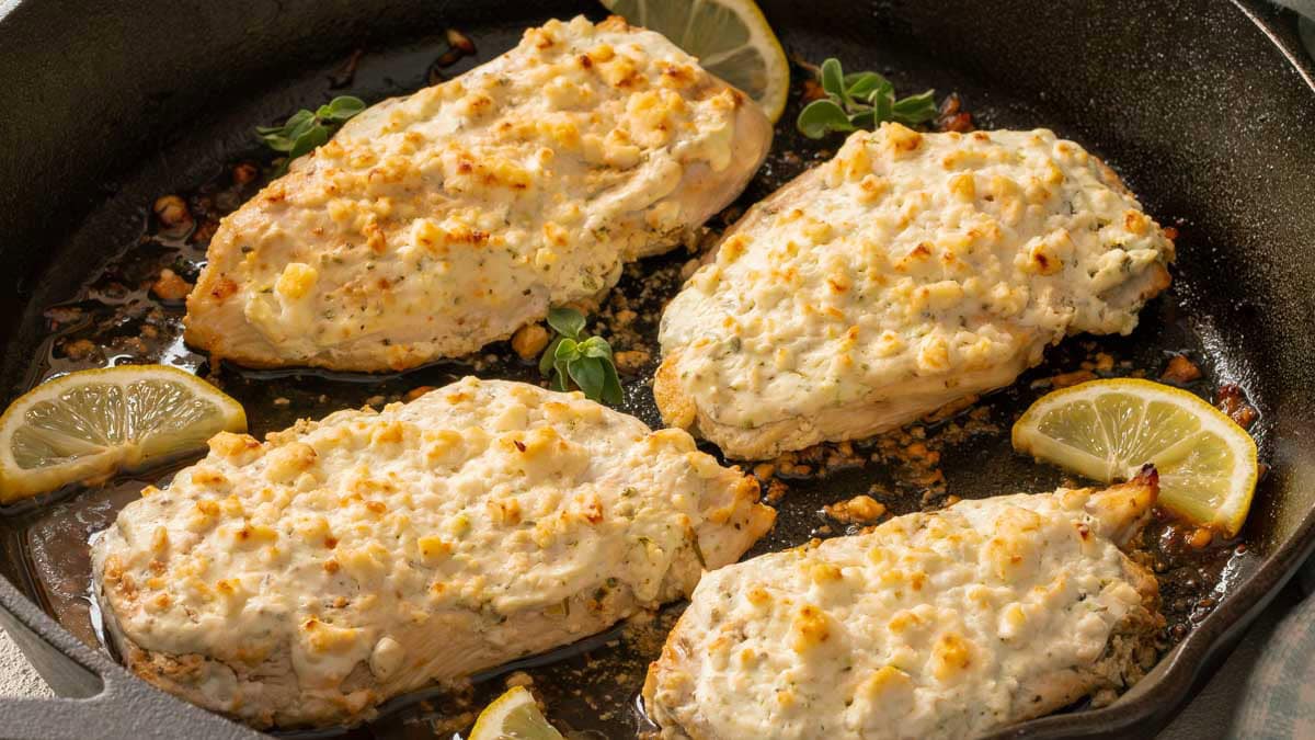 Close up of 4 cooked Feta Chicken Breasts in cast iron skillet