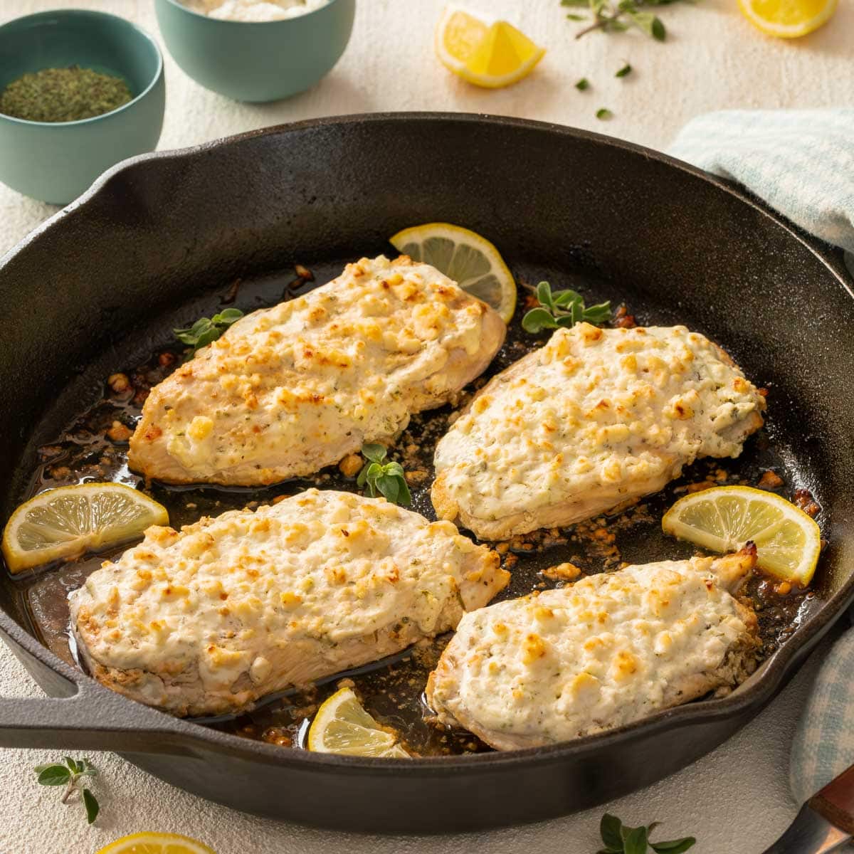 Closer view of cast iron skillet holding 4 Feta Chicken Breasts, with various ingredients surrounding the pan