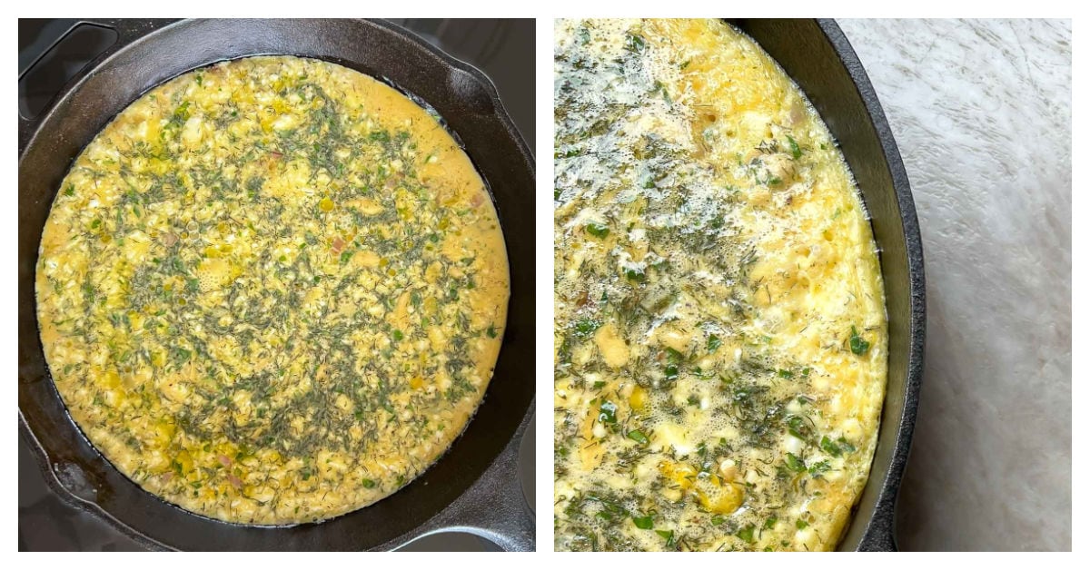 Two process photos first showing cooking egg mixture, the second a closer view showing when the edge is set but the top is still liquidy