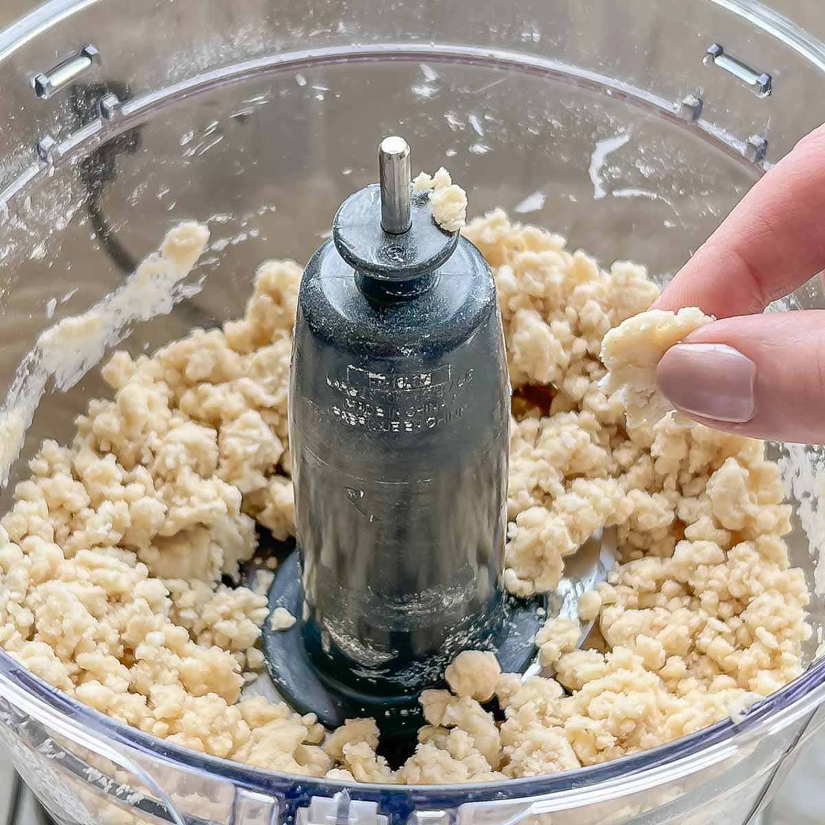 Rough dough in food processor bowl, with two fingers pinching a small piece to check for correct texture