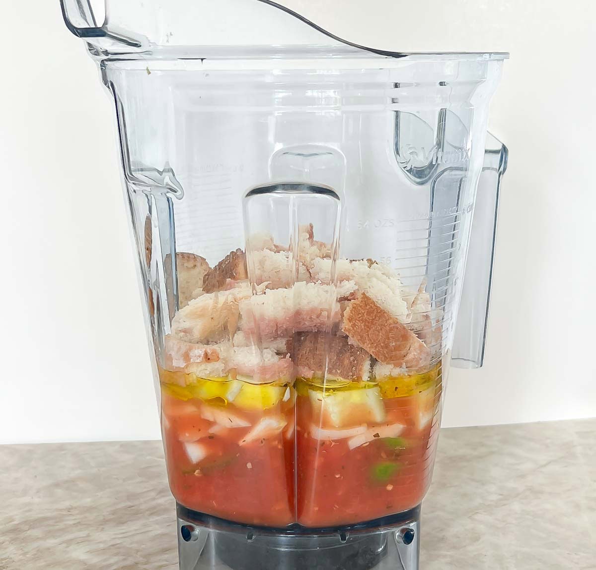 All ingredients for Gazpacho soup in a blender.