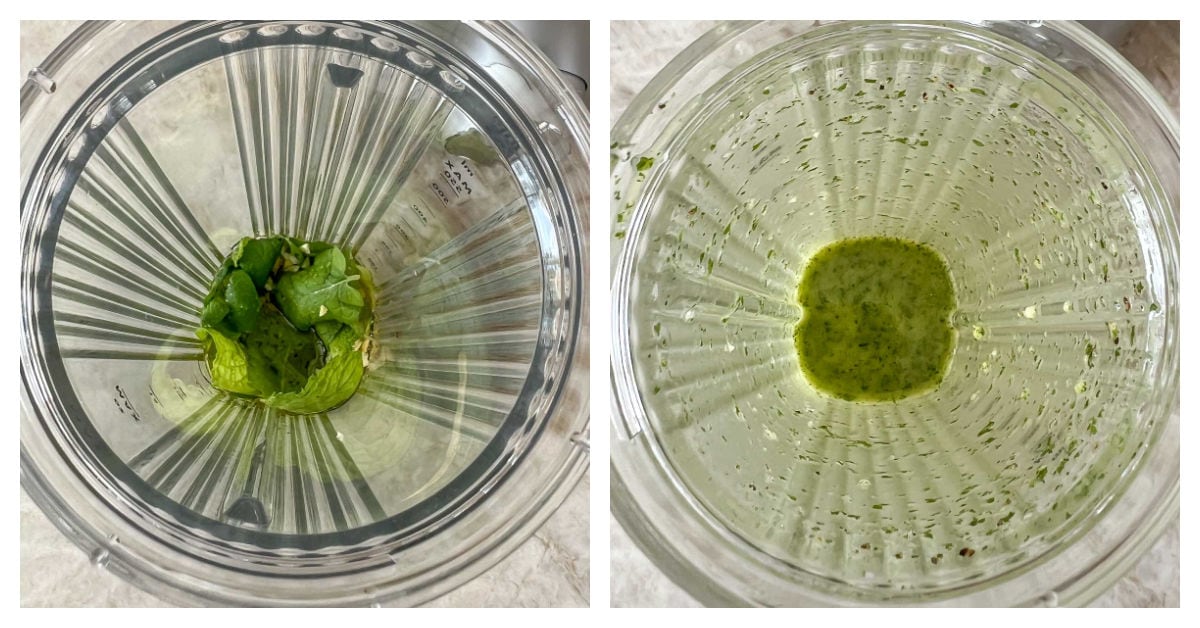 collage of two photos, first one showing dressing ingredients in blender, second showing ingredients after blending