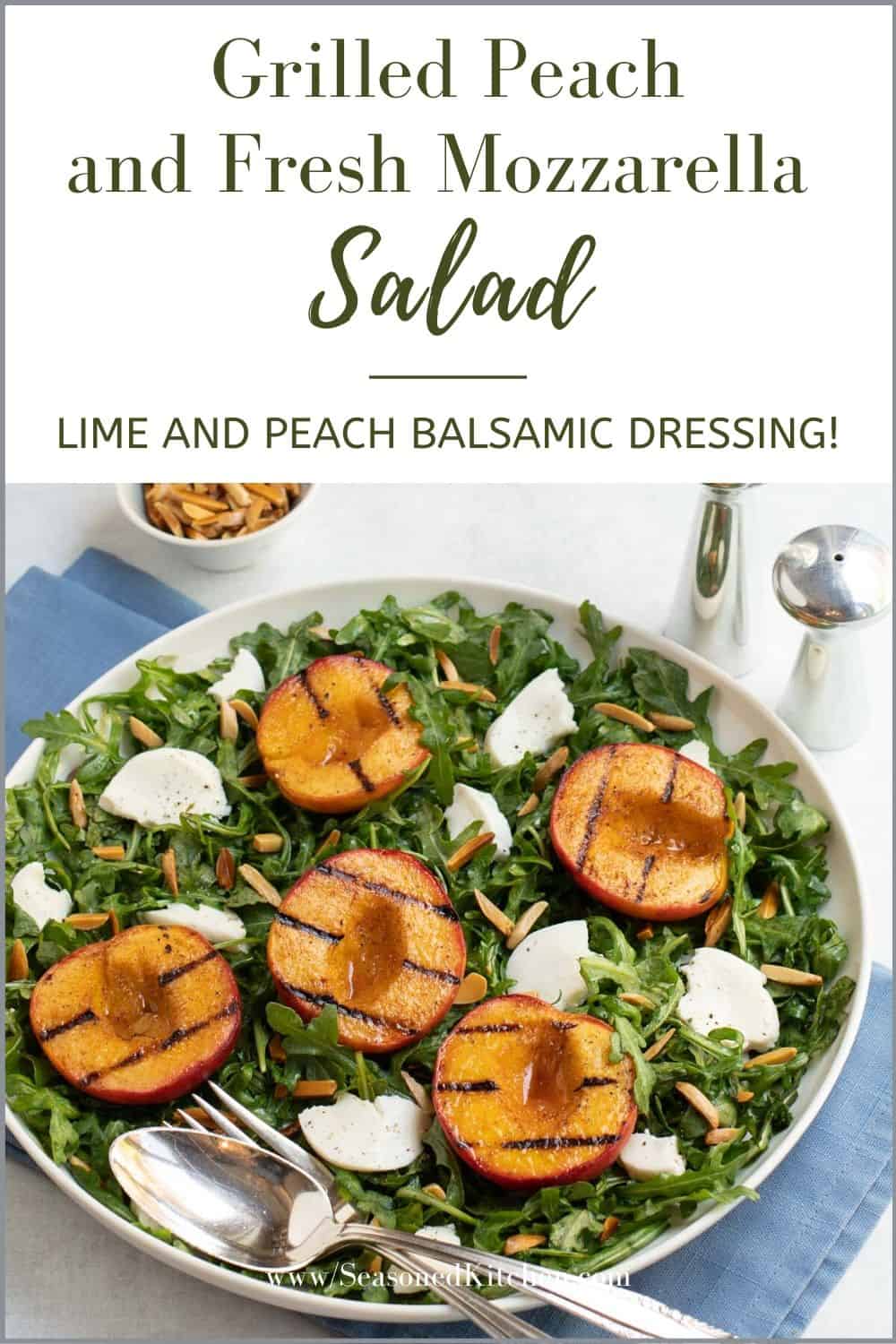 white bowl filled with Grilled Peach and Fresh Mozzarella Salad