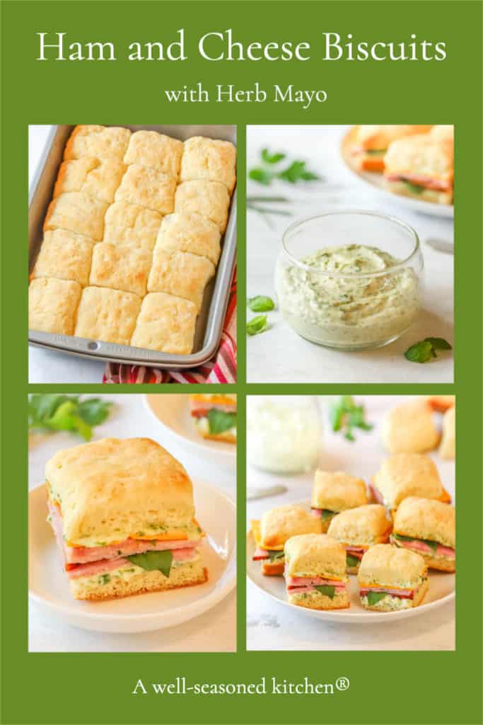 Collage of 4 photos showing how to make Ham and Cheese Biscuits, formatted for sharing