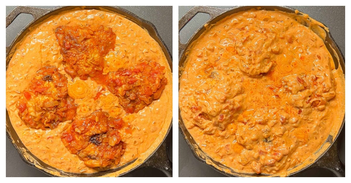 Two photos showing chicken pieces back in final sauce, reheating
