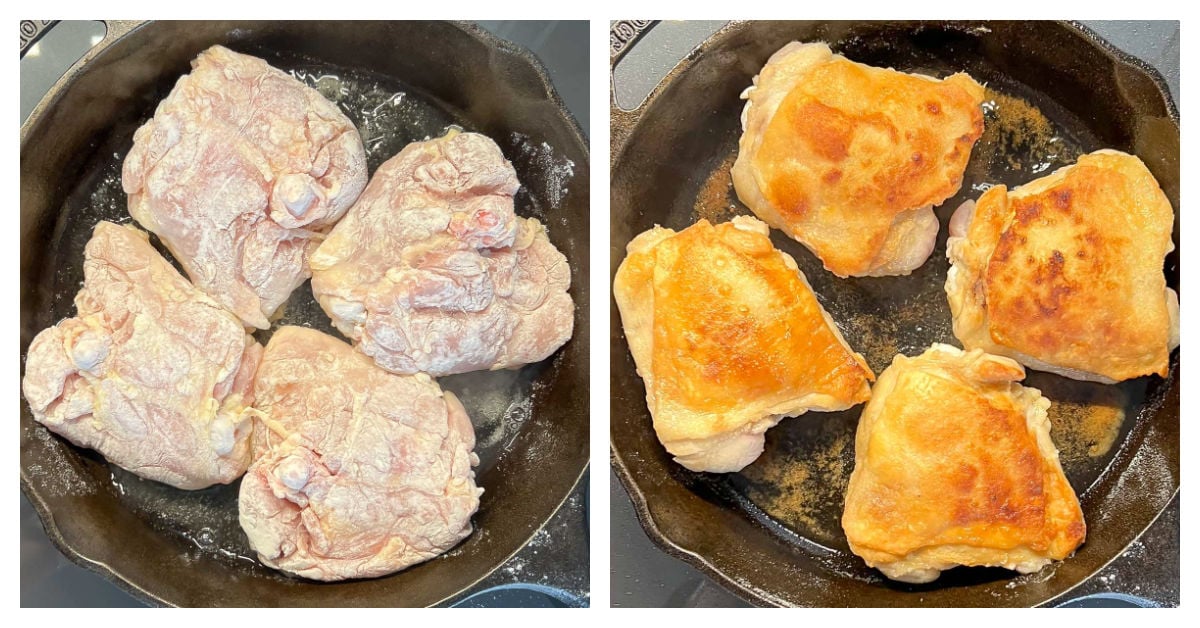 Two photos showing browning chicken pieces. First photo is cooking skin-side down, second photo is cooking with browned skin-side up