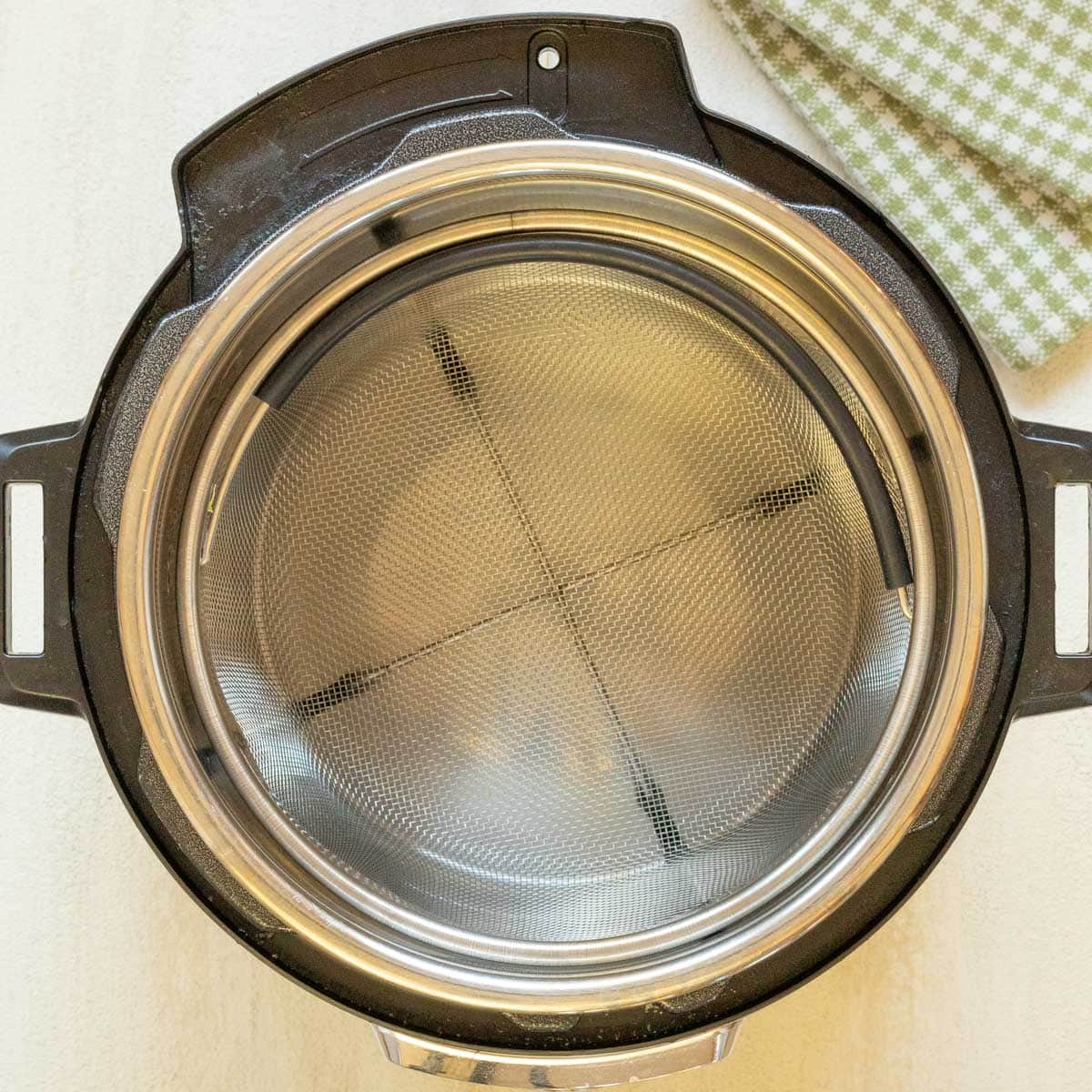 overhead shot of water and steamer basket inside Instant Pot
